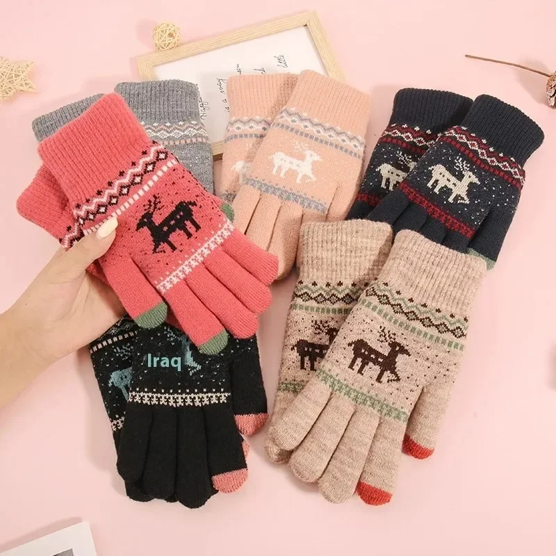 

Unisex Gloves Thickened And Fleece Winter Warm Touch Christmas Deer Knitted Wool Glove Solid Color Simple Gloves Cashmere Gloves