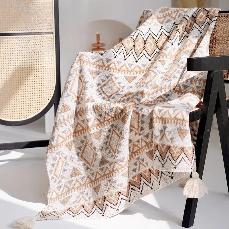 

Ethnic style blanket sofa blanket knitted fringed Nordic autumn and winter air conditioning blanket bed and bed