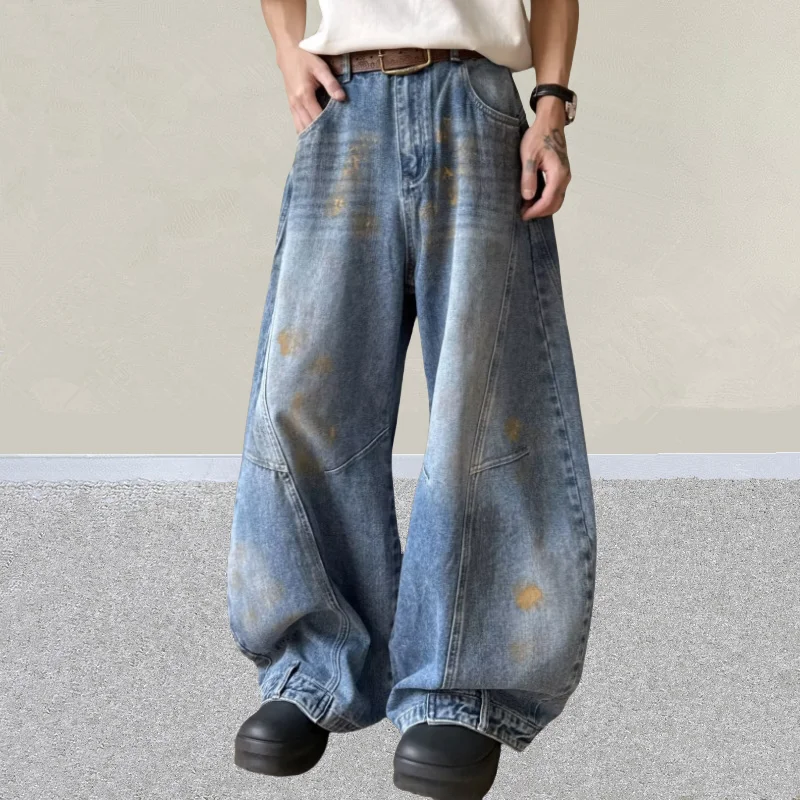 2025 Japanese Y2K Fashion Painted Washed Blue Baggy Jeans Pants For Men Clothing Vintage Wide Leg Denim Trousers Pantalon Homme