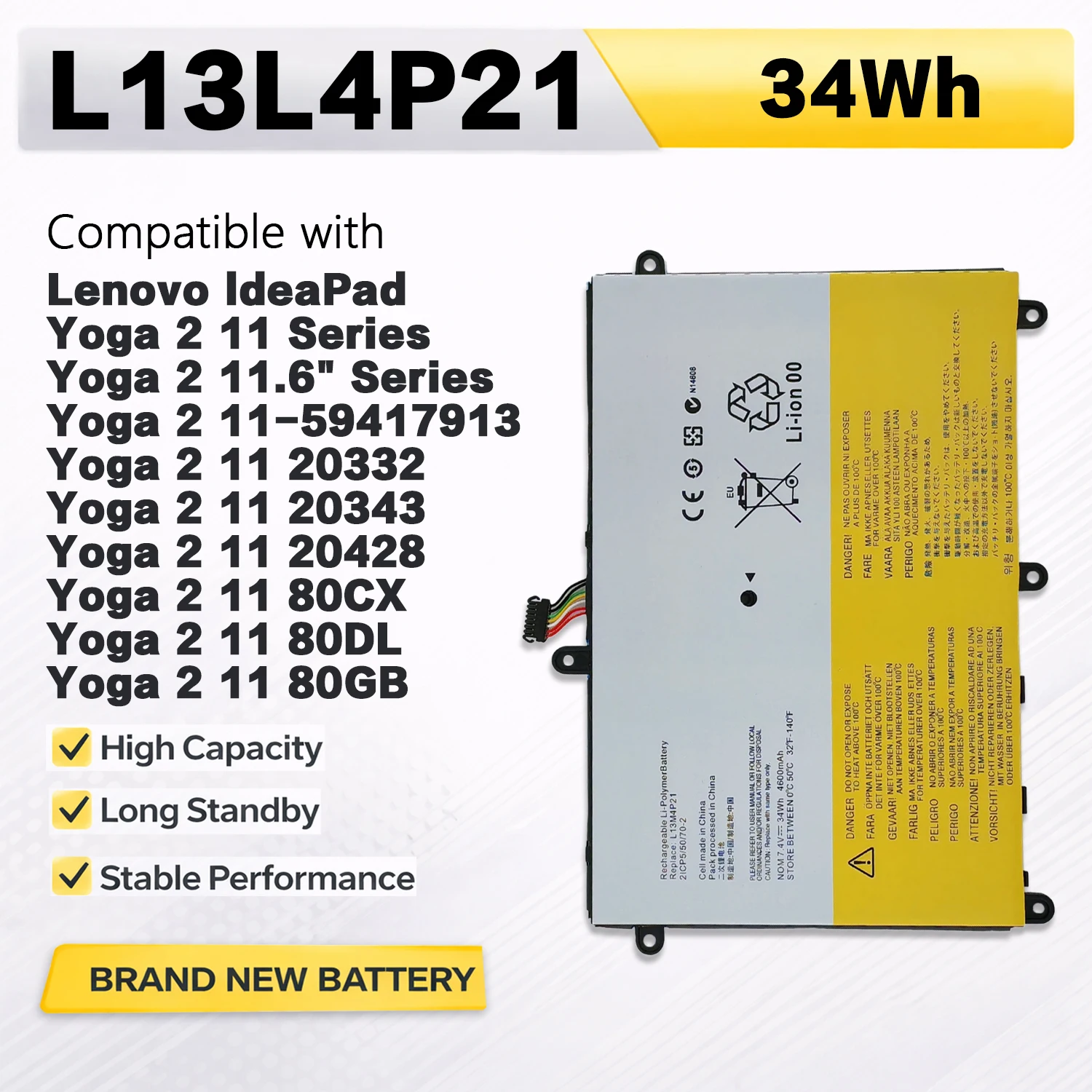 

PowerHub L13L4P21 7.4V 34Wh Laptop Battery For Lenovo IdeaPad Yoga 2 11 Series 20332 20343 20428 Replace L13M4P21