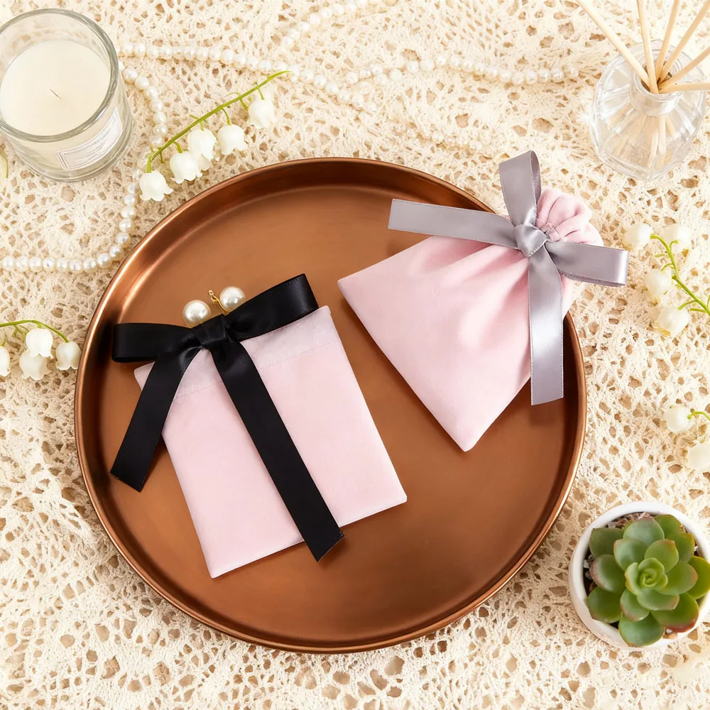 

10pcs Pink Jewelry Thick Velvet Bag With Ribbon Pouch Gift Display Packing Storage Wedding Favors Travel Candy Drawstring Pocket