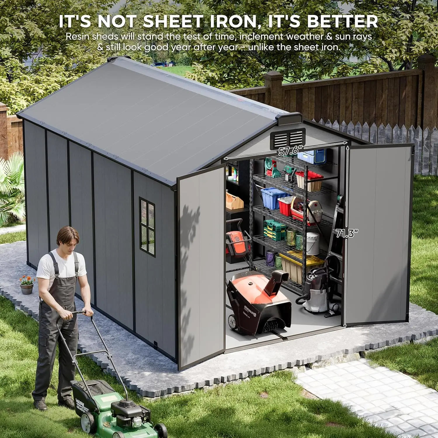 8x12 FT Resin Outdoor Shed with Floor Included, Steel‑Reinforced, Custom