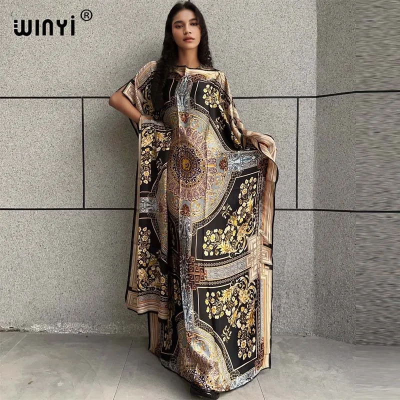 WINYI 2024 New African Women Dashiki boho print muslim woman dubai Free Size Design With Scarf Maxi Loose African Elegant Dress