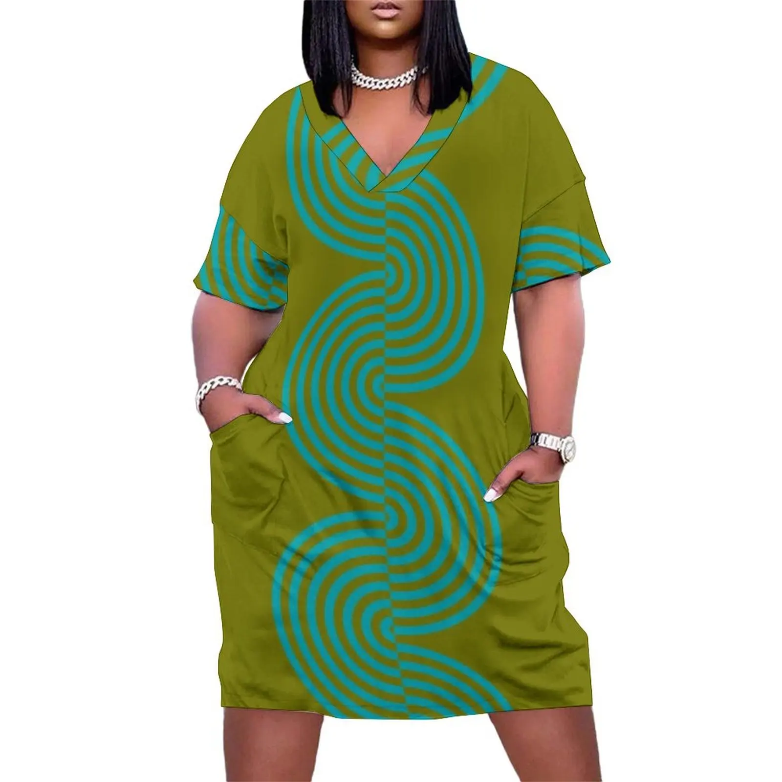 

groovy minimalist pattern: aqua waves on olive Loose Pocket Dress Woman dresses prom dress 2025 evening dress woman