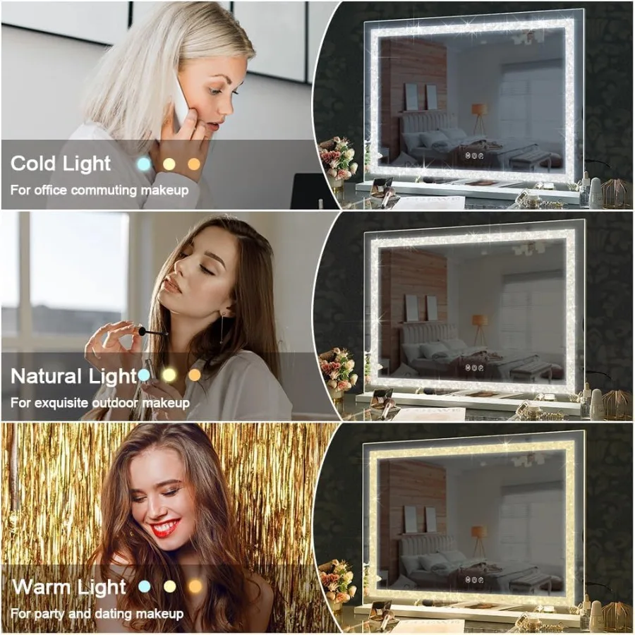 Vanity Mirror with Lights 32 x 23 Hollywood Makeup Mirror with Light Strip Smart Touch Control 3 Colors Dimmable 10X Magnificat