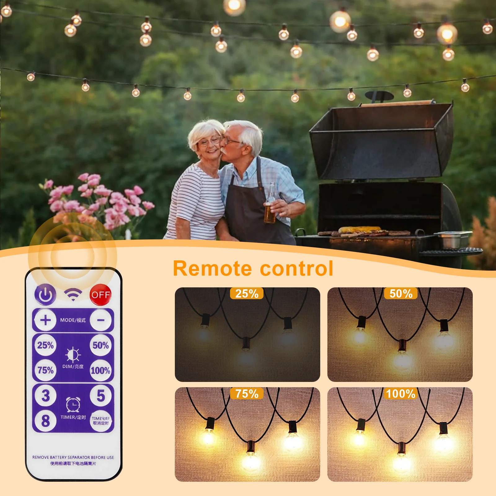 Solar-LED-Lichterkette für den Außenbereich mit Fernbedienung - Dimmbare G40 Laternenlampen, wasserdicht, 8 Modi, Solar L – Detail 7