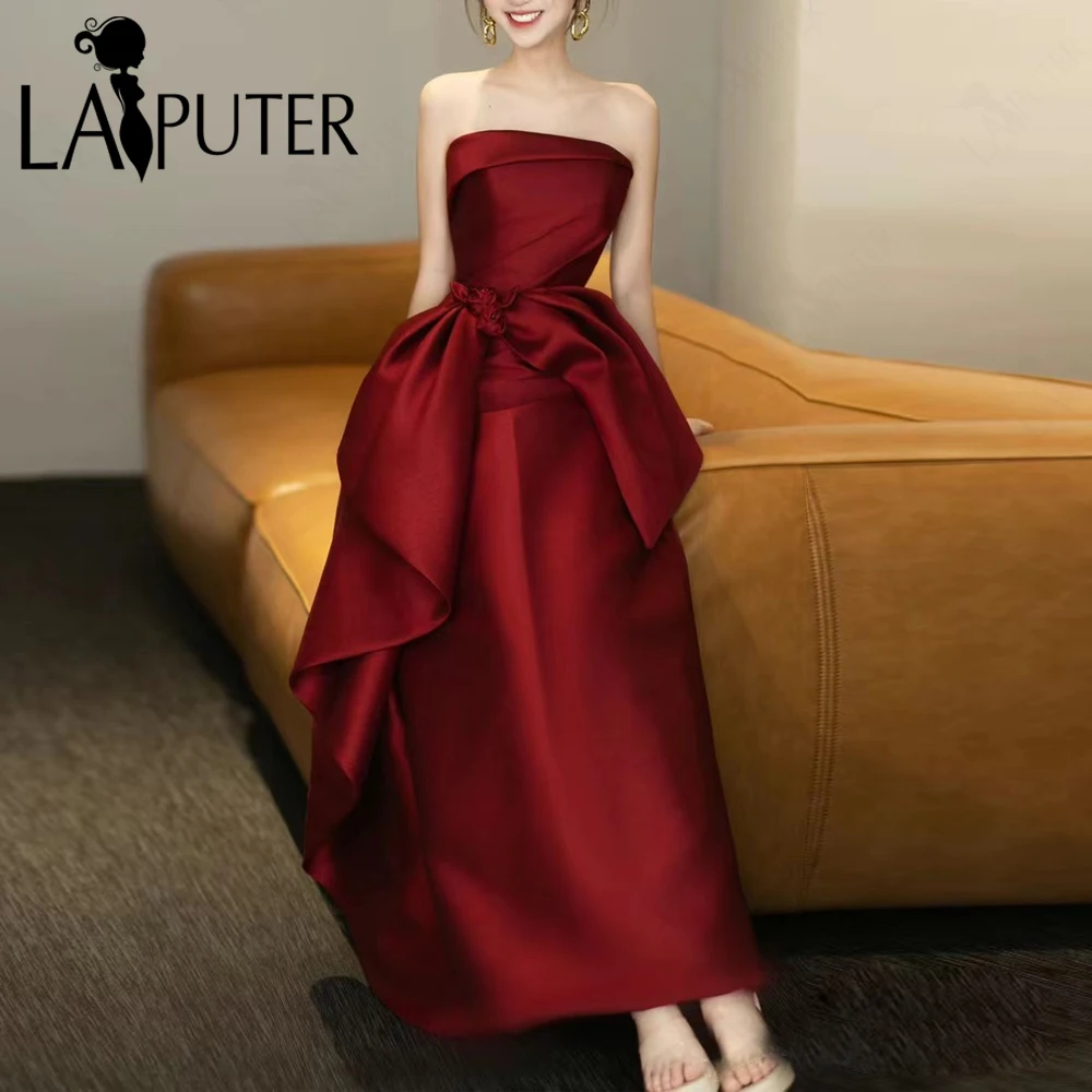 Red Column Evening Dresses Off Shoulder Strapless Neck Tea Length Party Big Bow Knot Satin Prom Gown