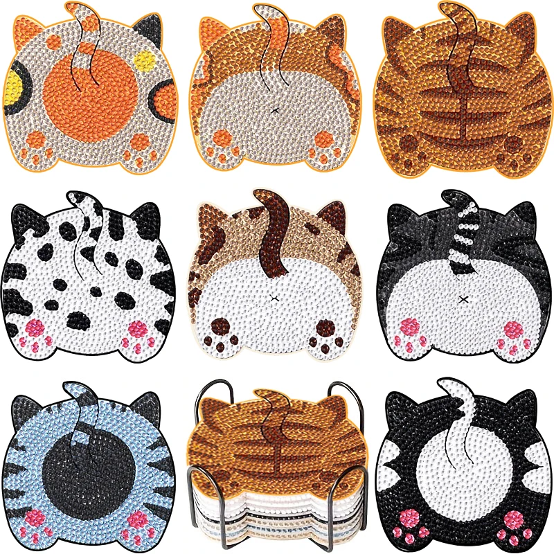 8-piece DIY Diamond Painting Wooden Cup Mat Set, Cute Animal Pattern Mosaic Tea Cup Mat with Bracket, Christmas Decoration Non s