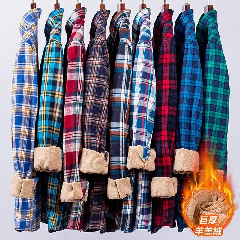 

Large Size Shirts Men Clothing Fleece Winter Cotton Flannel Thick Warm Dress Formal Shirt Casual Long Sleeve Fit Pocket Velvet