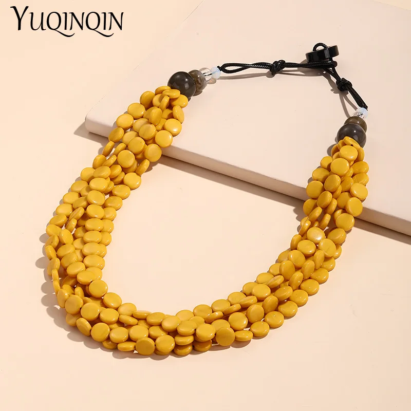 Trendy Colorful Resin Beads Short Necklaces for Women Summer Bohemian Layered Big Pendant Necklaces Vintage Hot Fashion Jewelry