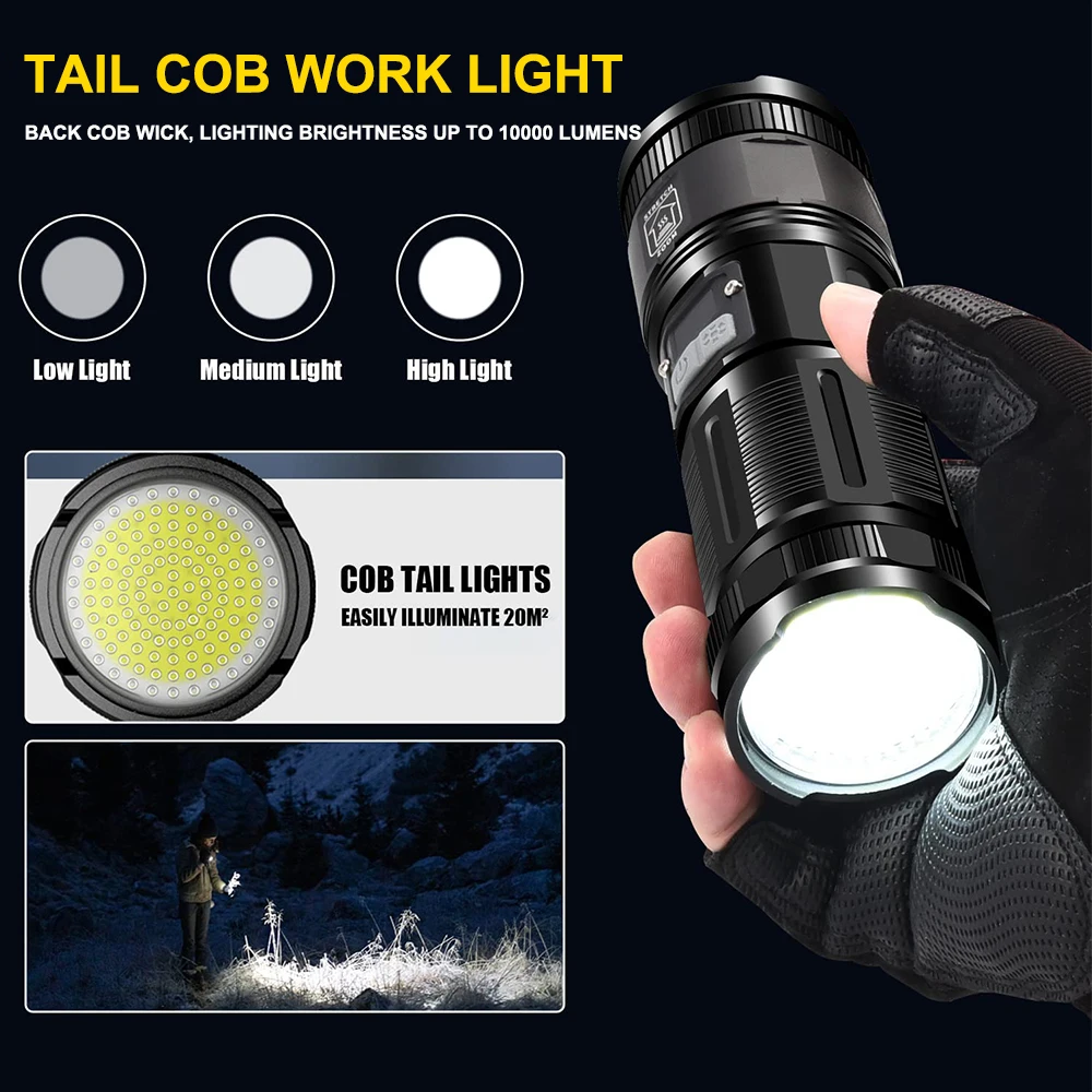 120000 Lumens Super Bright LED Flashlight Rechargeable Type C 9000 mAh XPH90 COB Torch Light with Digital Display for Outdoor