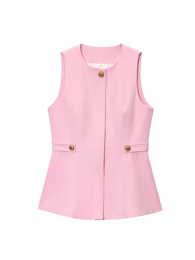 TFMLN New Women Vest Pant Two Pieces Sets Pink O-neck Sleeveless Tank Vest Flare Trousers Chic Office Lady Basic Elegant Suits