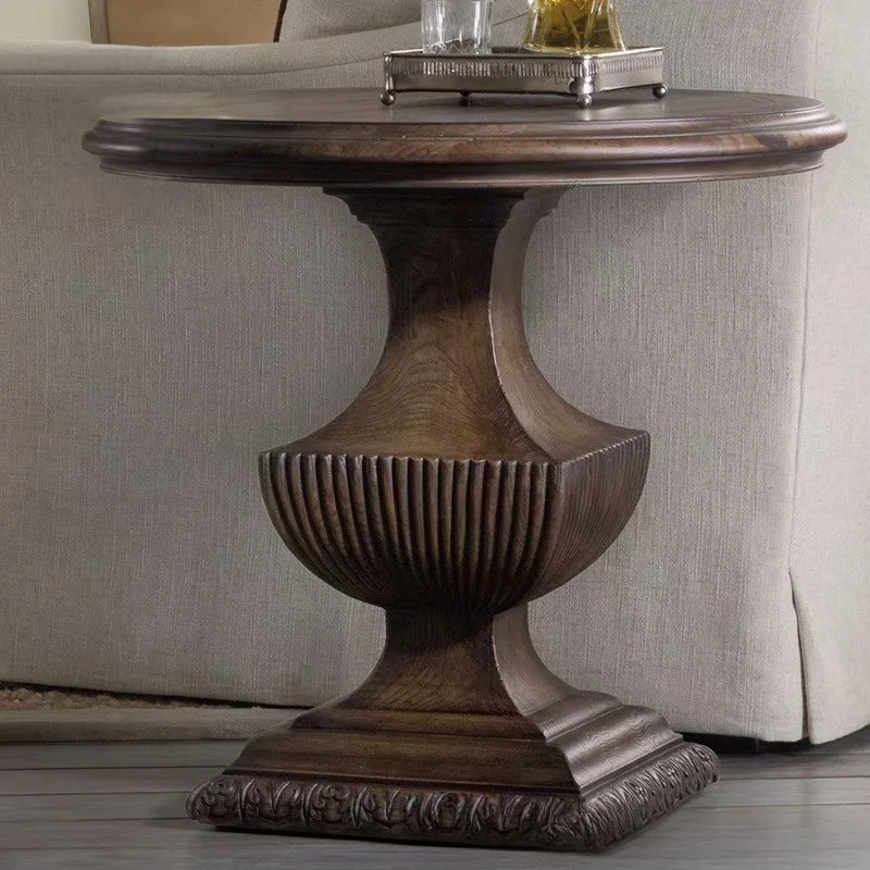 Solid wood edge villa American antique old round corner phone number retro carved small round table