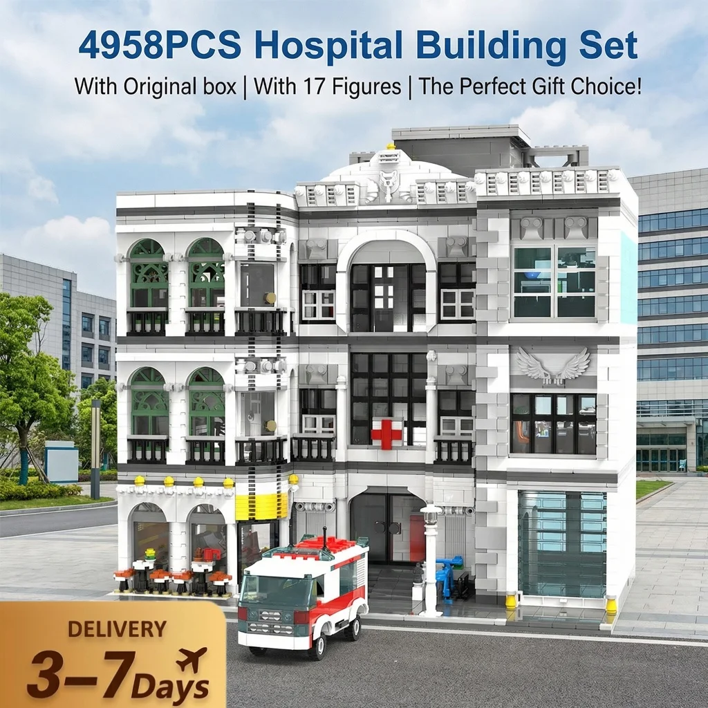 Krankenhaus-Bausteine-Set mit 17 Figuren, Stadtarchitektur, modulares Montagemodell, Heimdekoration, kreatives Spielzeug, Geschenke für Erwachsene und Kinder, 4958 Teile