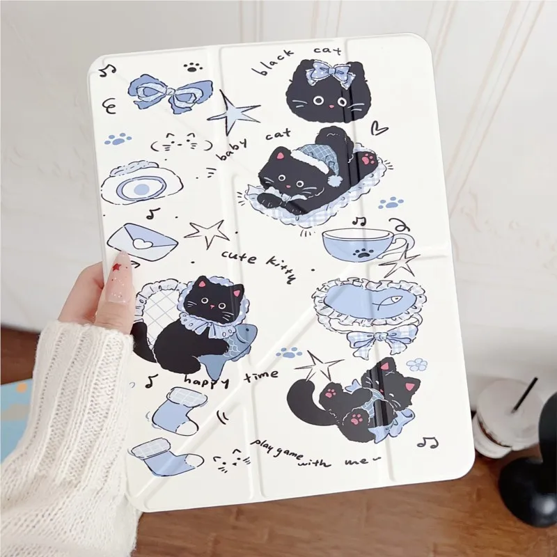 

Cute Cartoon Rabbit & Black Cat pattern with Pencil Holder Tablet Case for iPad Pro12.9in Pro Air6/7/8 M2 M3 M4 M5 2026 13 Cover