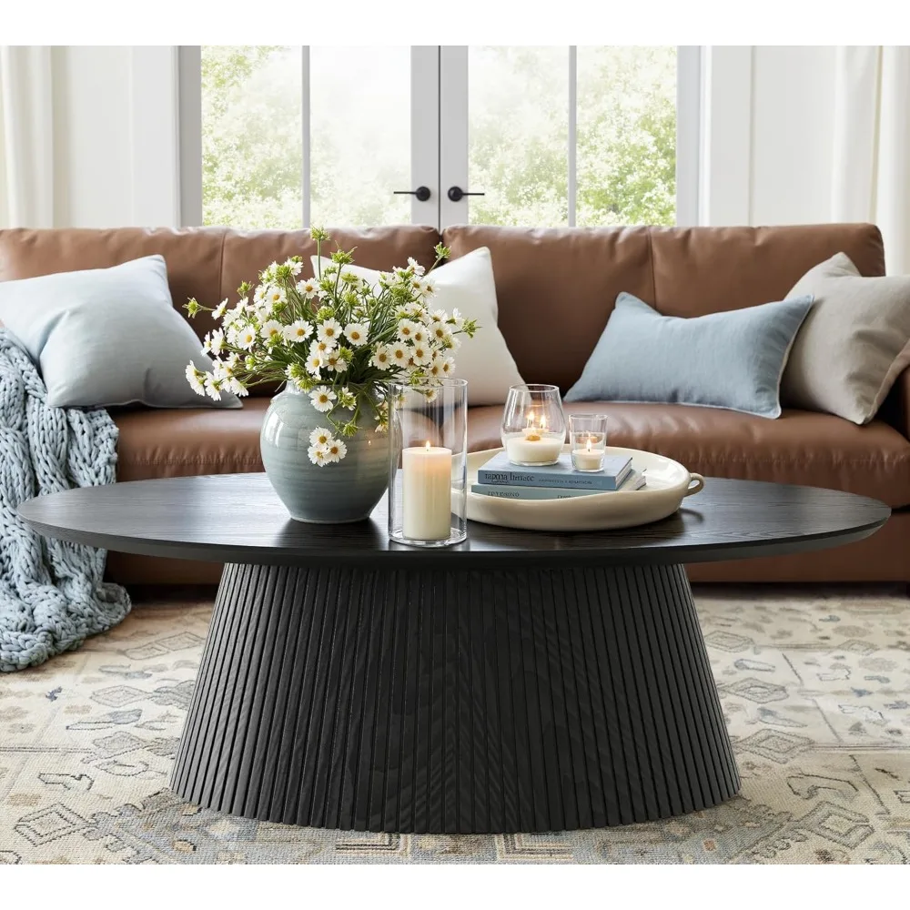 

Oval Coffee Table, Modern Coffee Table With Fluted Design, Minimalist Tea Table With Wood Grain Veneer, Small Funky Cent