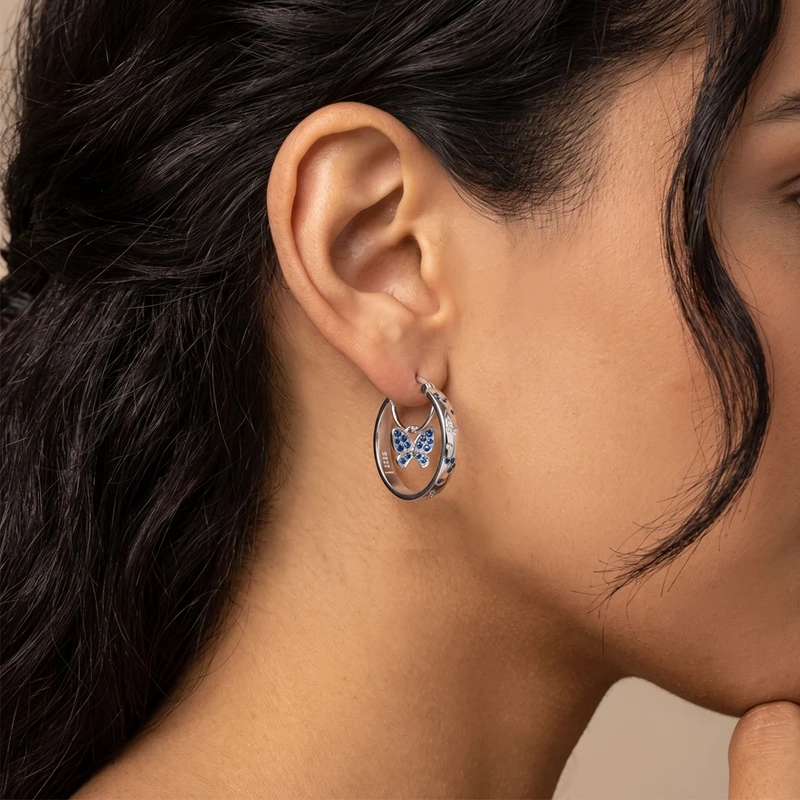 925 Sterling Silver Butterfly Huggie Hoop Earrings Inlaid Blue Zircon Dangle Earring Lucky Charm Jewelry Gift For Women Girls