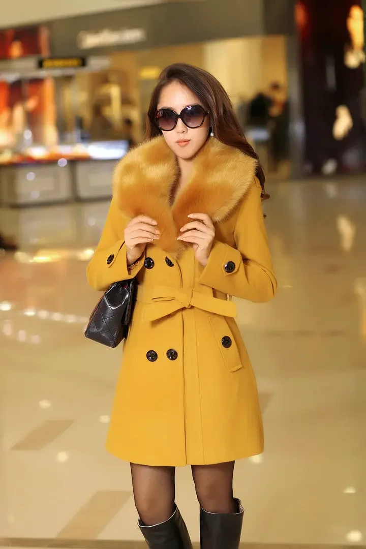 

Mid Length Wool Coats Women Fur Collar Splice Blends Korean Full Sleeve Double Breasted Lace Up Belt Thick Warm Winter Jackets