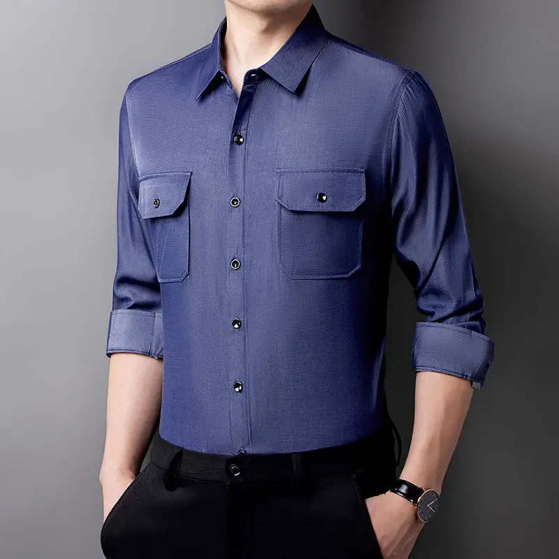 

Spring New Korean Fashion Casual Long Sleeved Shirt Men's Lapel Solid Button Pocket Workwear Trend Versatile Loose Ventilate Top