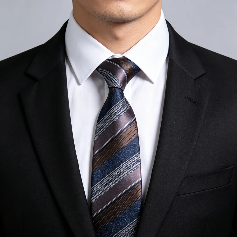 Navy Brown Grey Striped Jacquard Necktie Men 7cm Width Gravata Corbata Multi Color Diagonal Stripe Business Suit Neck Tie