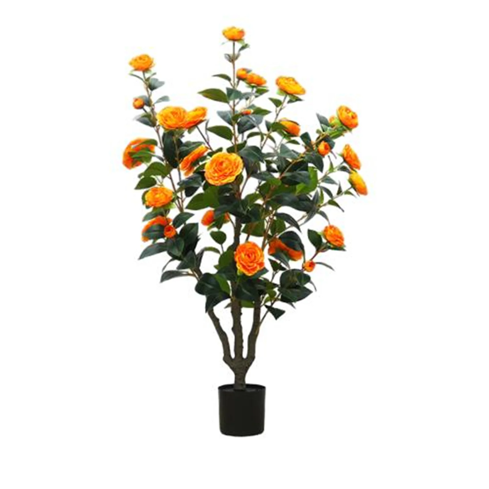 Artificial Camellia Tree, 39’’ Faux Tree with 28 Blooming Orange Flowers, Realistic Faux Camellia Plant in Cement Pot,For Home