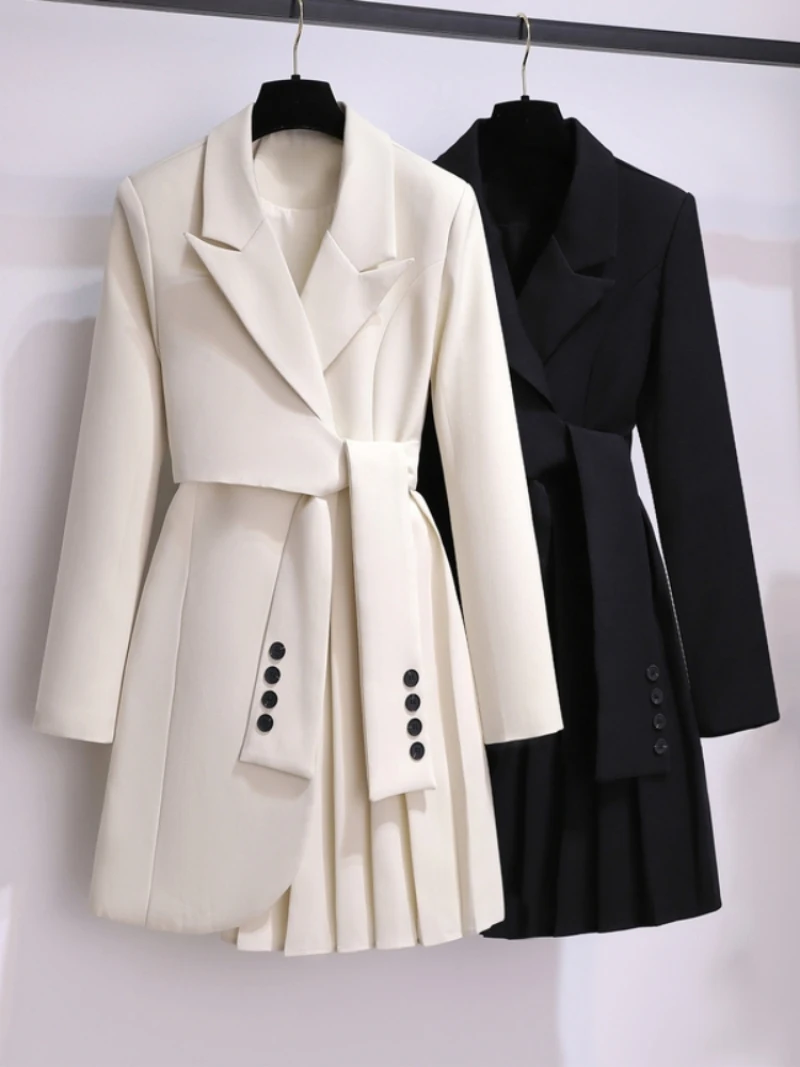 Blazer Women Spring New Fashion Women Clothing Suit Skirt Jacket Belt Waist Slim Suit Women Blazer Long Coat Black Blazers