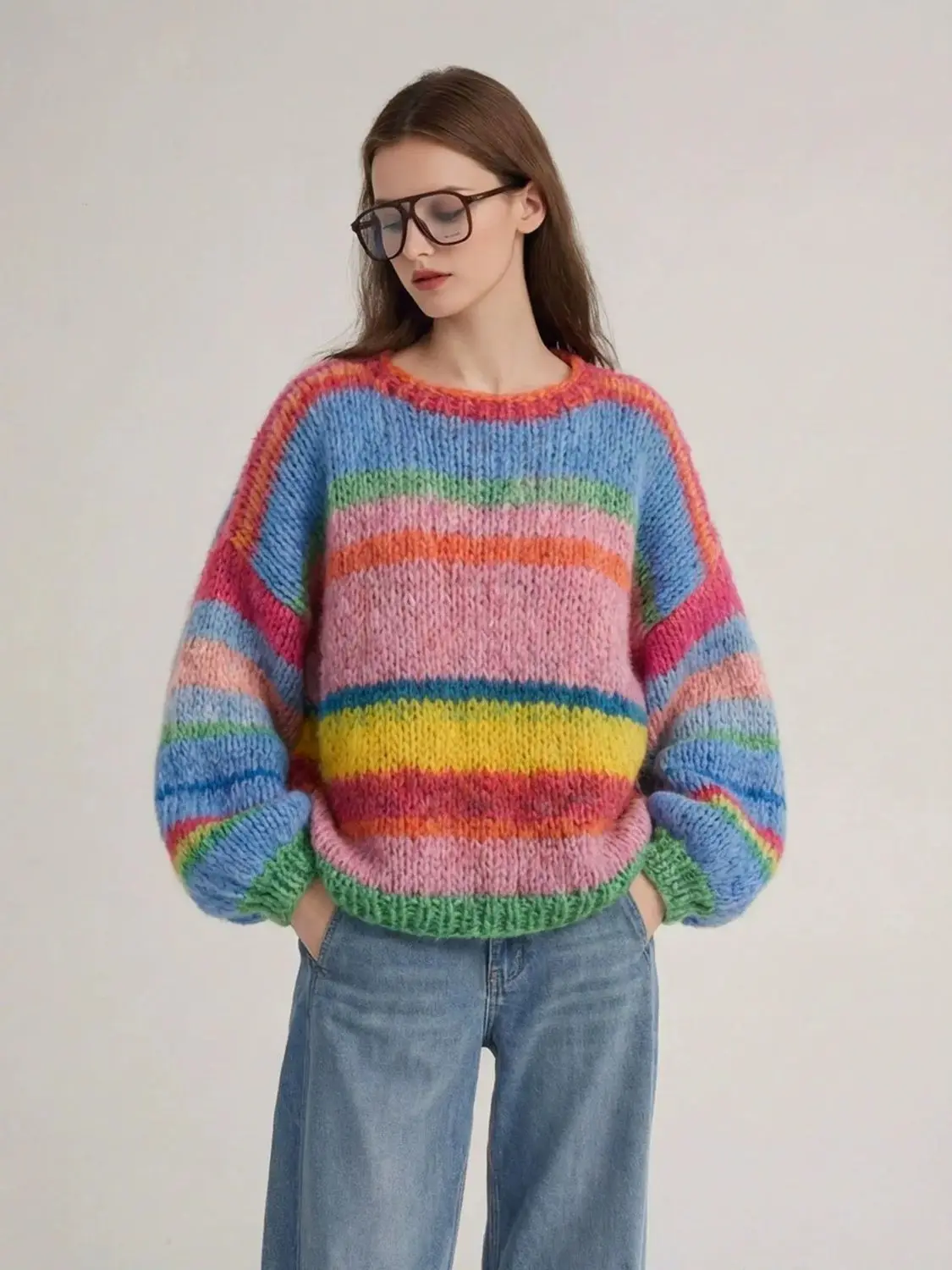 Western European Loose Lazy Autumn and Winter Knitted 2026 Color Striped Sweater High-end Fashion Women's Fashion