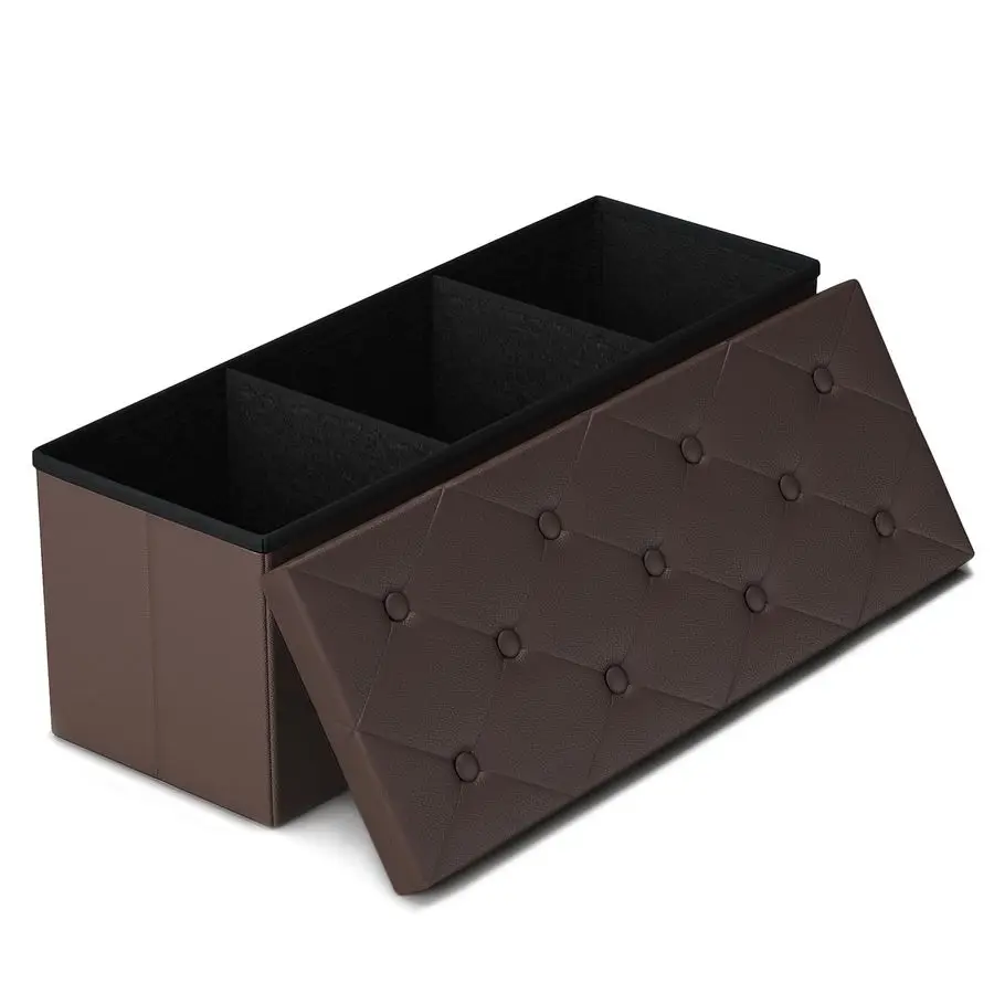 

Storage Ottoman Bench, 43 Inches Folding Ottoman with 2 Dividers, PU Leather Foot Rest, End of Bed Bench, Storage Chest for Livi