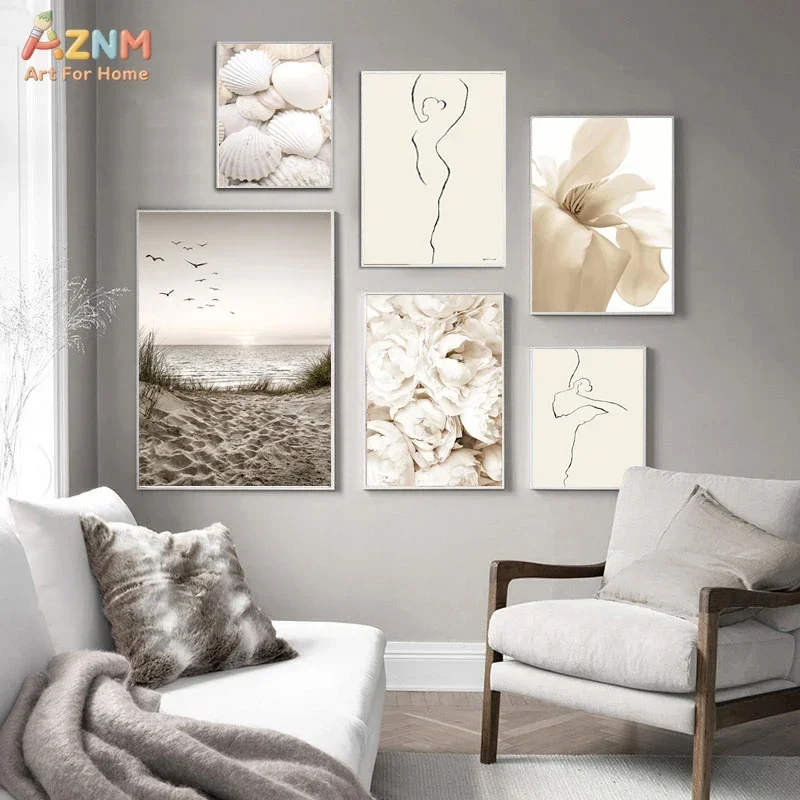 AZNM Beige Coastal Beach Seashell Canvas Wall Art Dandelion Floral Line Drawing Print Unframed Canvas Painting Home Decor