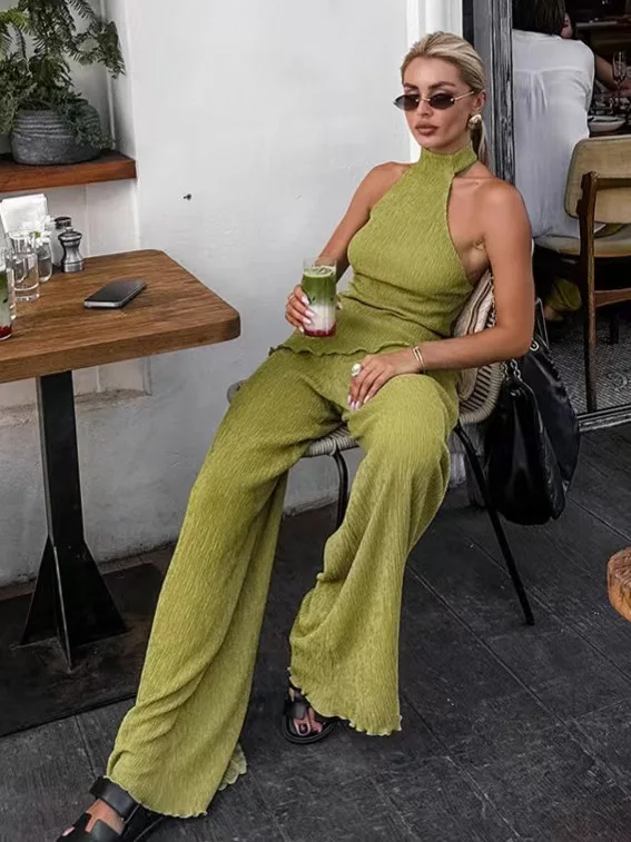 Conjunto de Top y pantalones Sexy para mujer, pantalones de pierna ancha, vestido de Neline con dobladillo doblado, traje de dos piezas redondo Ne