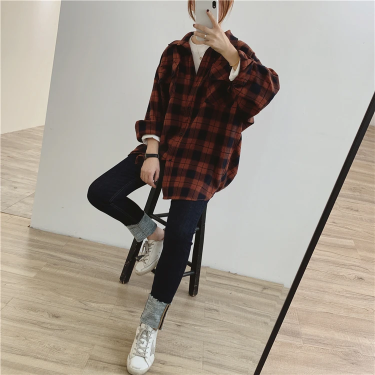 

Korean Sle BF Retro Plaid irt Women's Loose Thiened Outerwear Spring 2025 New Loose Fit Long Sve Collar Coat