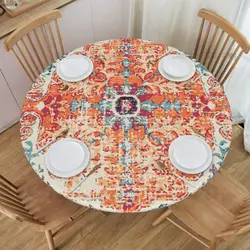 Aztec Terracotta Boho Round Fitted Tablecloth with Elastic for Round Tables Waterproof Table Cloth for Picnic Camping Dinner