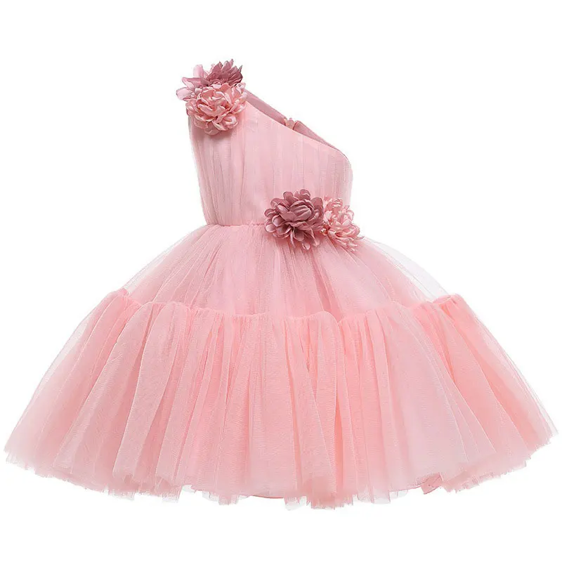 One Shoulder Pink Floral Baby Kids Dresses Tulle Knee Length Short Ball Gown Girl Party Dress Gift Customized