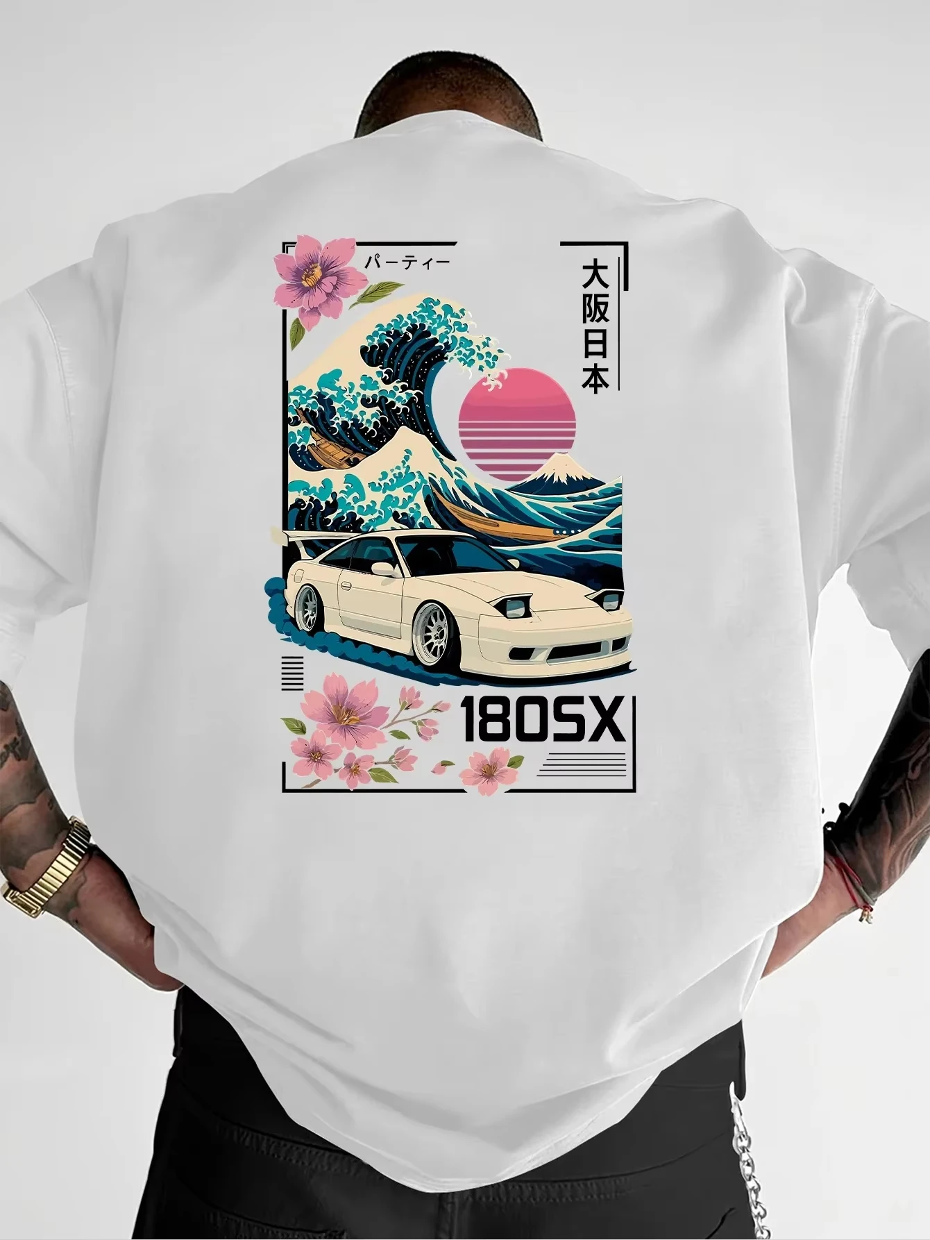 Neues Herren-Kurzarm-T-Shirt mit japanischem Ukiyo-e JDM-Autokultur-Trend-Print, lässige Streetwear, vielseitig einsetzbar – Detail 2