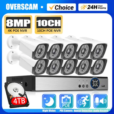 POE 보안 카메라 시스템, XMEYE 8CH 4K POE NVR 키트, P2P 야외 CCTV IP 불릿 카메라, 비디오 감시 시스템 키트, 4CH, 10CH, 8MP
