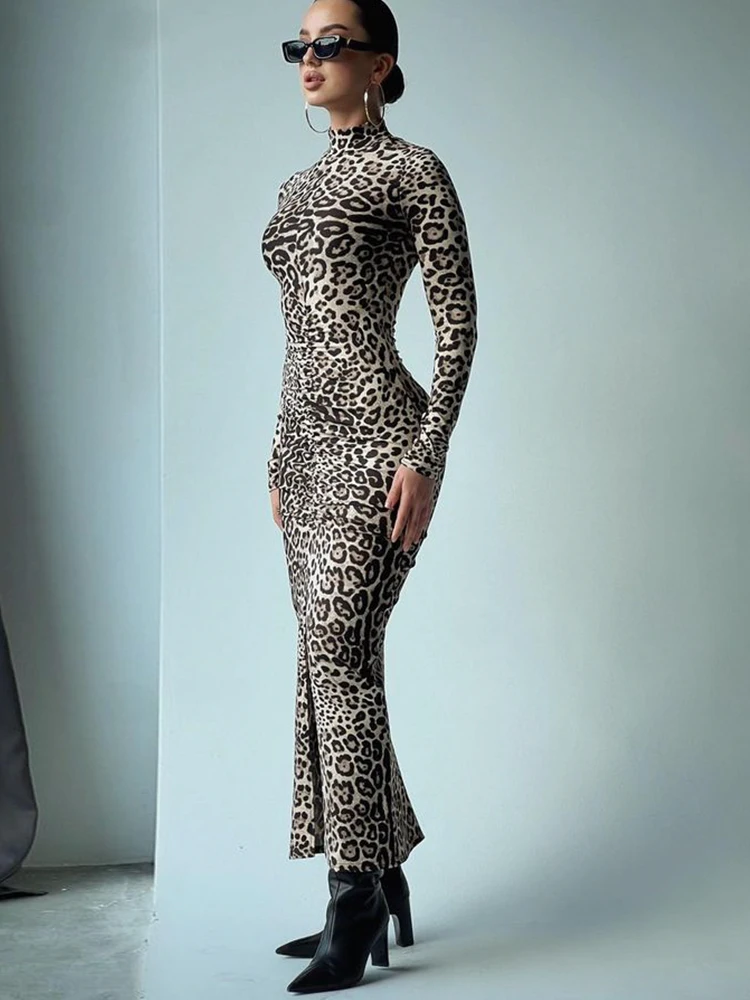 

Casual Leopard Dresses Women Fashion Sexy Streetwear Printed Full Sleeve Turtleneck Hip Wrap Bodycon Elegant Long Vestidos Robes