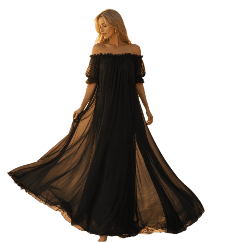 Comfortable Off Shoulder Sheer Nightgown V-neck Short Sleeve Mesh Nightdress Transparent Ruffle Long Sleeping Dress Lounge