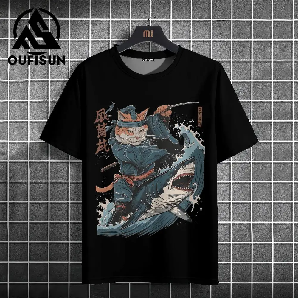 2024 Japanese Style Men's T-Shirt Samurai Cat Pattern T-Shirt Casual Loose Short Sleeved Tees Oversized Men Clothing Tops Summer