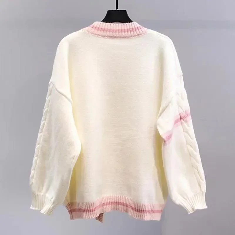 الحلو القوس سترة بالأزرار النساء Y2K الجمالية التباين اللون الخامس الرقبة سترة مشغولة من الصوف Kawaii Jk واحدة الصدر البلوزات معطف