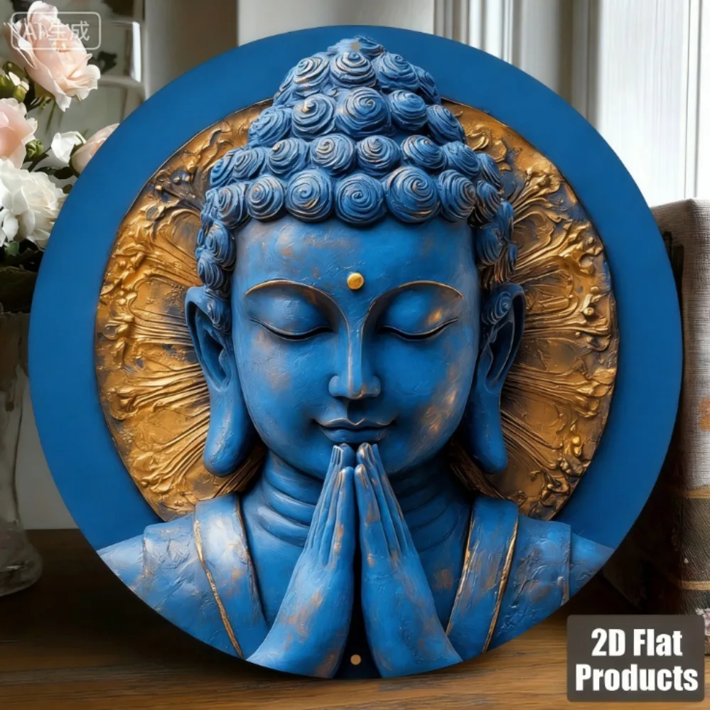 Buddha-Schild aus Aluminium mit der Aufschrift „Good Luck“, rund, 20x20cm, Vintage-Wandkunst für das Wohnzimmer, rustikales Bauernhaus-Geschenk für Eltern