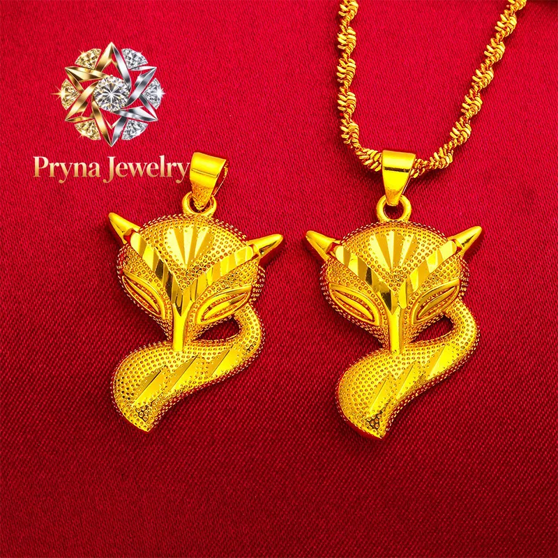 Pryna Jewelry   Fox Pendant Necklace for Women, 24K Gold, AU999 | 3D gold fox with zircon eyes, detailed fluffy tail, lively for