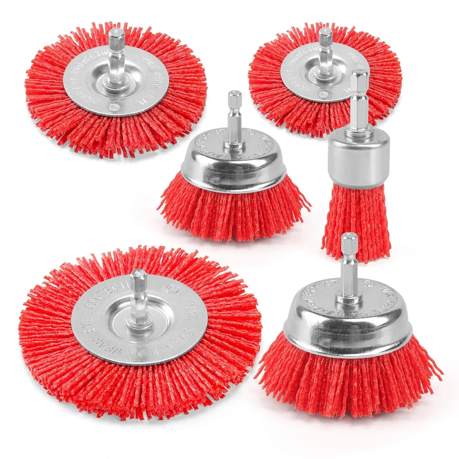 

Nylon Abrasive Brush Set for Drill, 6 Pack with 1/4 Inch Hex Shank, 3" and 2.6" Red Coarse Bristle Brushes for Paint and Rust