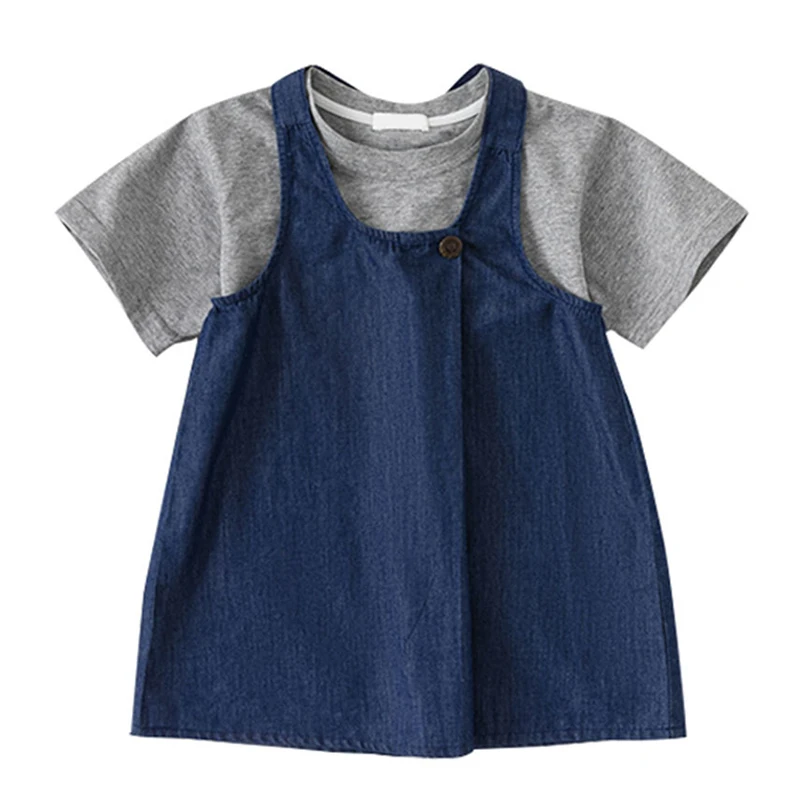 2Piece Summer Baby Clothes Fashion Casual Cotton Short Sleeve T-shirt+Denim Dress Girls Boutique Outfits Kids Clothing Set BC594