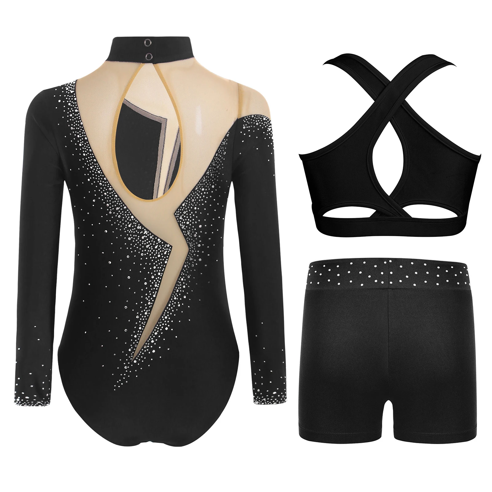 Tenue de danse de gymnastique pour enfants filles, 3 pièces/ensemble, strass scintillants, manches longues, maille transparente, Patchwork, justaucorps avec gilet et short