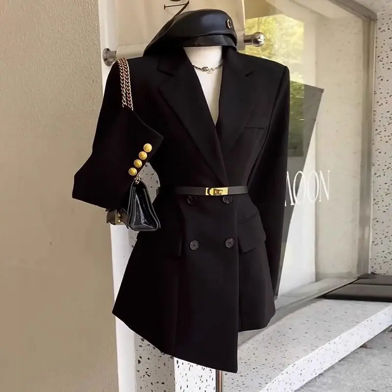 Blazer irregolari corti Casual francesi autunno/inverno da donna giacca con colletto alla cintura monopetto allentato stile Hepburn nero