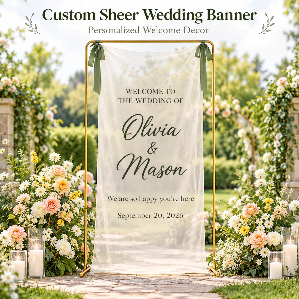Custom Sheer Wedding Banner Personalized Mesh Backdrop Korean Tulle Welcome Sign for Wedding Ceremony Party Stage Home DIY Decor