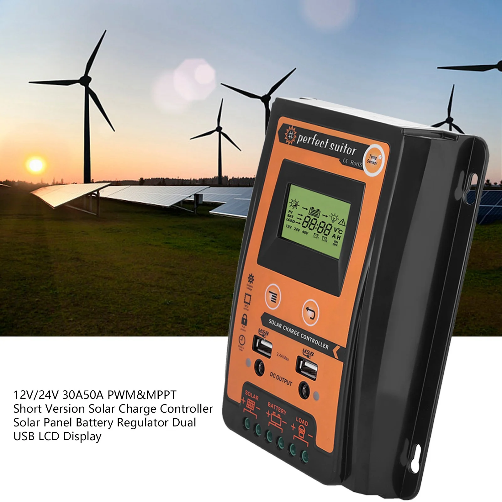 

MPPT Short Version Solar Charge Controller Solar Panel Battery Regulator Dual USB LCD Display 12V 24V 30A/50A/70A PWM&