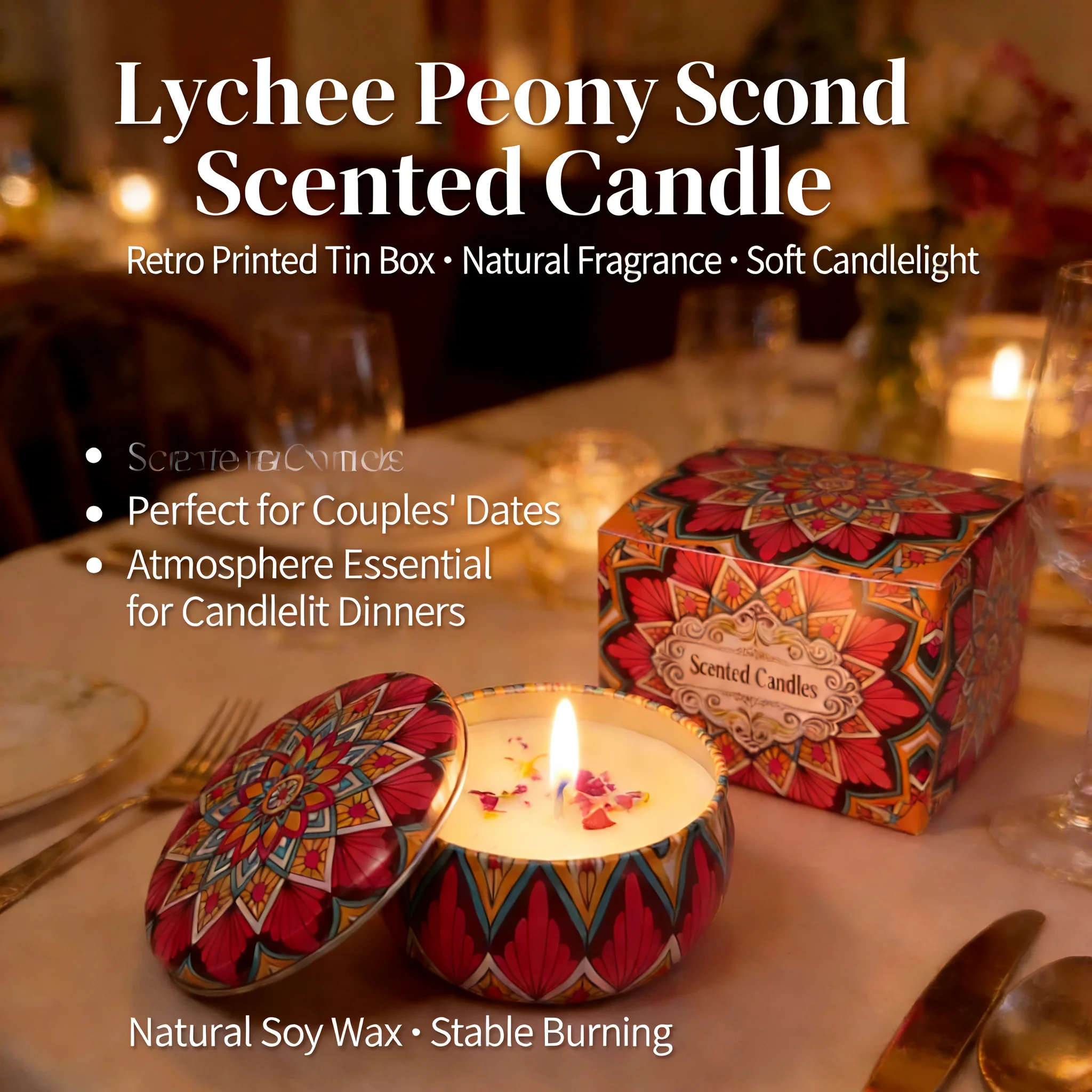 Lychee Peony Scented Candle Natural Soy Wax Retro Tin Box Aromatherapy Candle For Home Decor Couples Date Candlelit Dinner