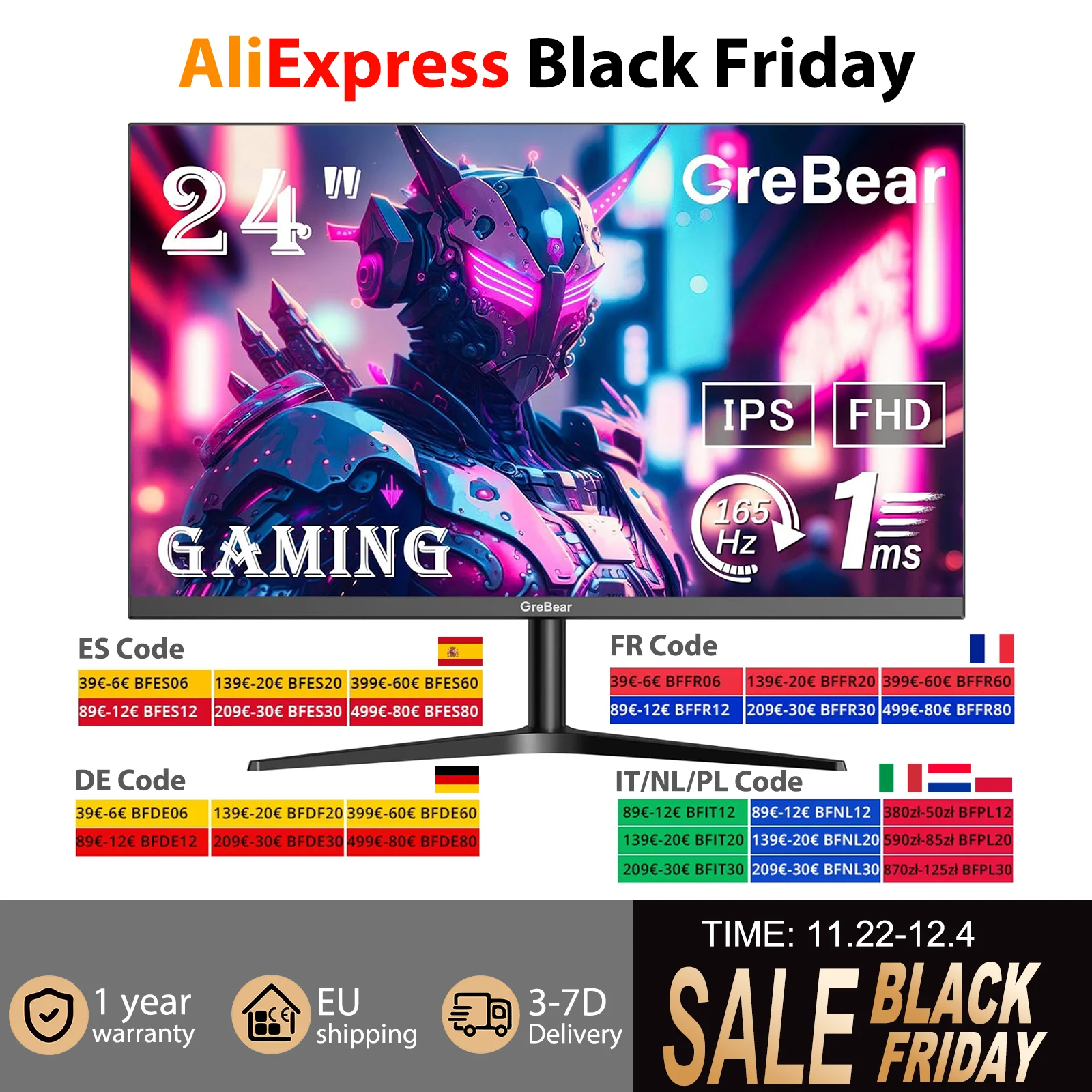 GreBear 165/144Hz Gaming Monitor 24 Inch - FHD 1080P IPS Screen 1ms (GTG) Home Office Computer Display, FreeSync Technology, 100