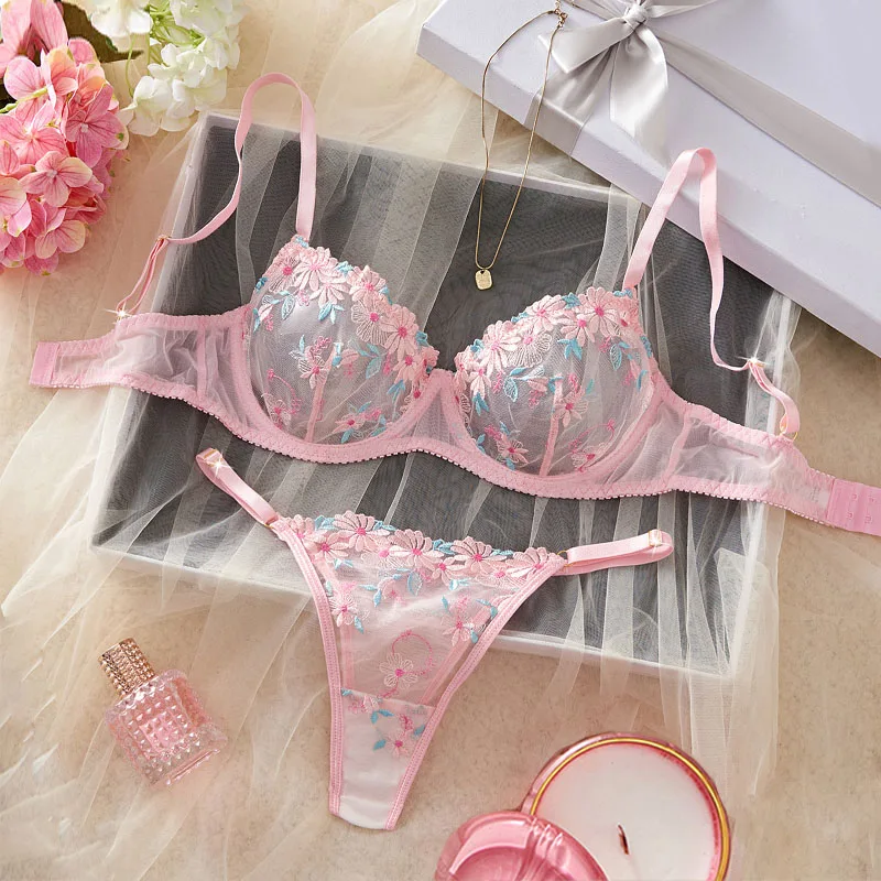 

Sweet Sexy Female Lingerie Pink Lace Underwear Beautiful Floral Embroidery Bra and Panties Set Fairy Romantic Tulle Lingerie Set